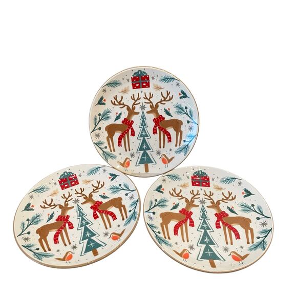 Prima Design WOODLAND CHRISTMAS DEER Ceramic Salad Plate 8.5in Set of 3 New - Picture 3 of 11